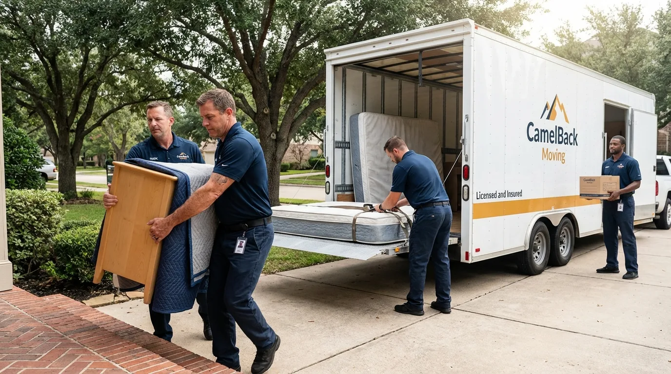 Crew loading residential truck for cross-state move from Saint James, NY