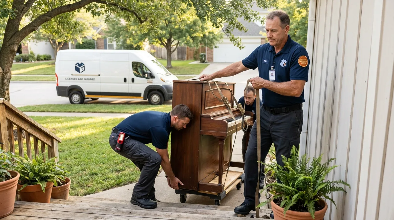 Licensed piano movers securing grand piano in Saint James, NY