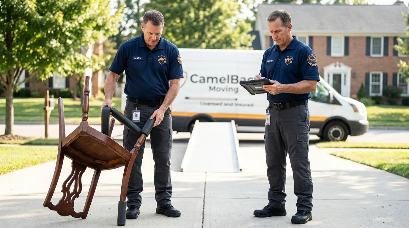 Movers inspecting furniture for damage prevention before loading in Saint James, NY