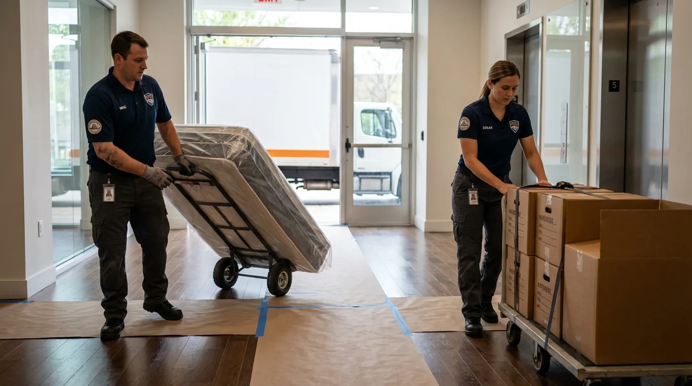 Professional apartment movers loading elevator in Saint James, NY