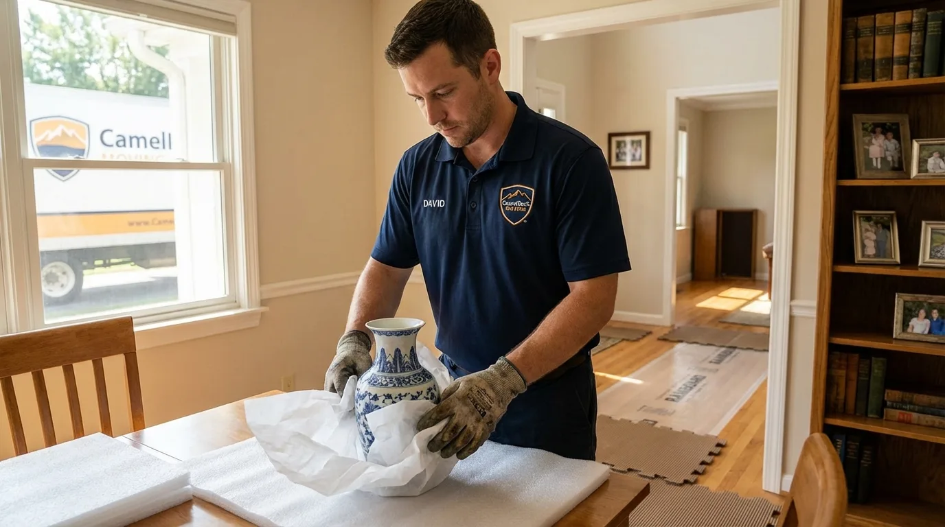 Professional crew carefully wrapping antique vase for senior downsizing move in Saint James, NY